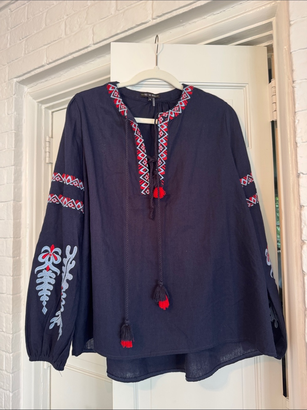 Free the Roses Navy Blouse with Red & blue Embroidery